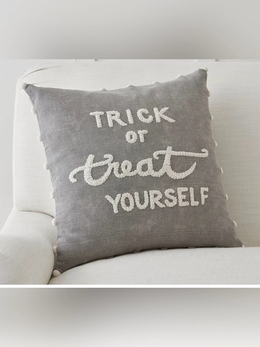 Pottery barn Gray Accent Pillow with 'Trick or Treat Yourself' Chenille Script